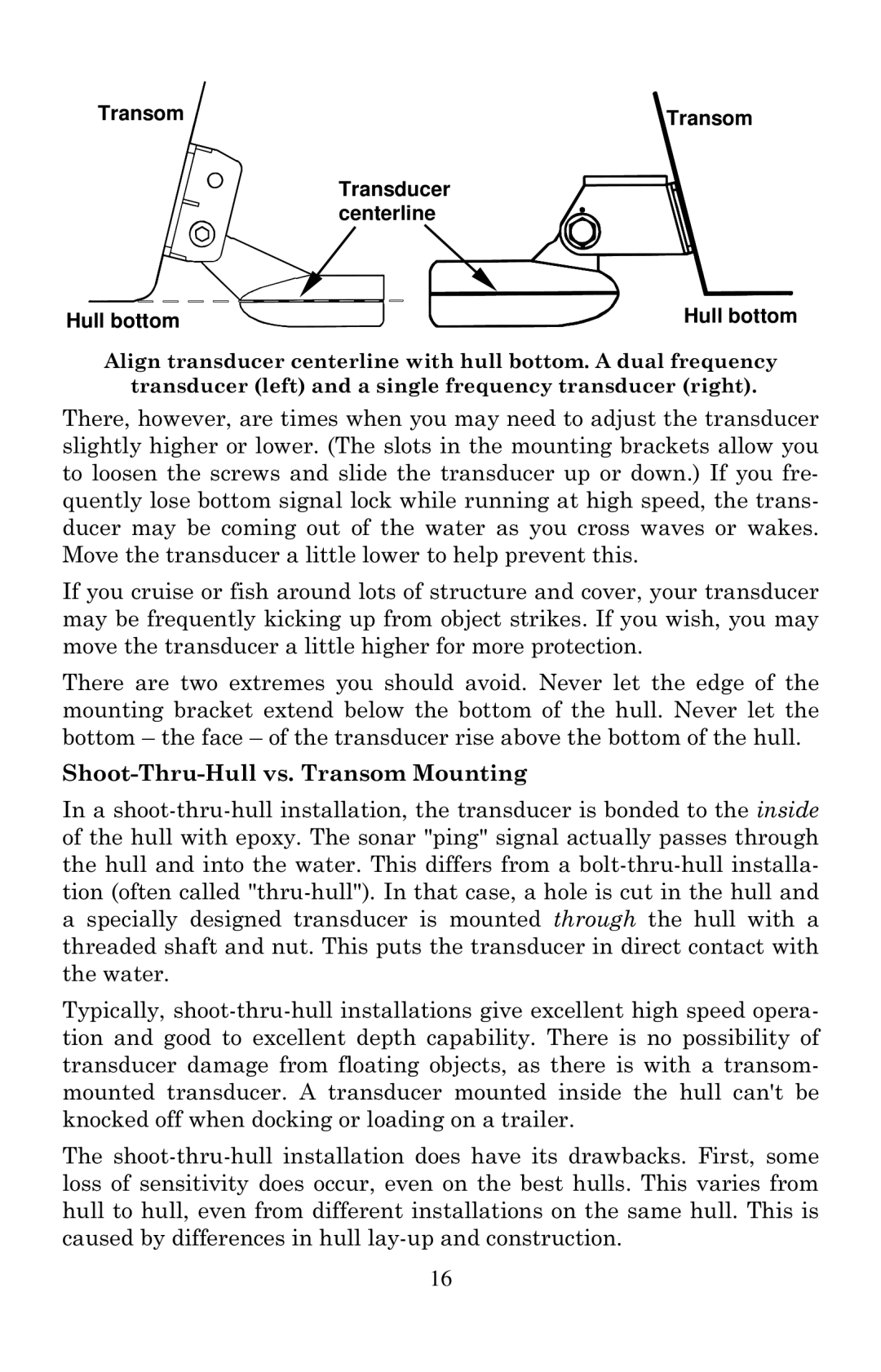 Eagle Electronics 640C, 640cDF manual Shoot-Thru-Hull vs. Transom Mounting, Transducer centerline Hull bottom 