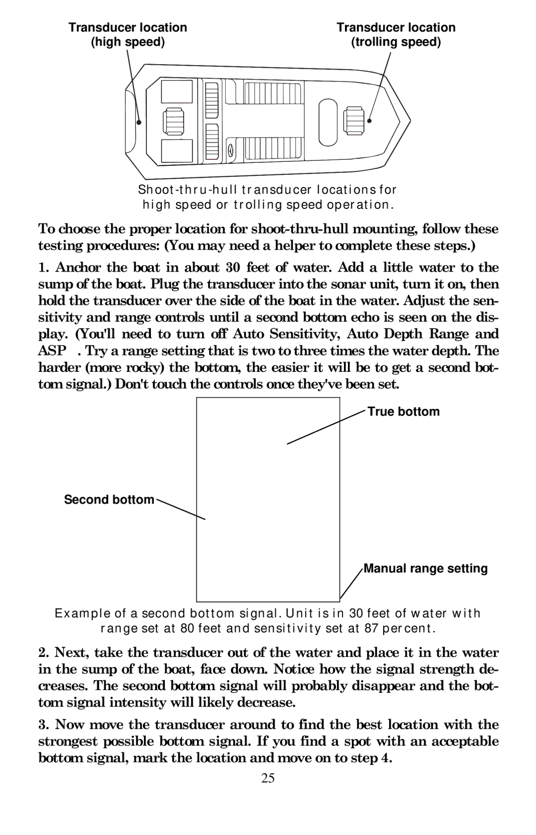 Eagle Electronics 640c manual Transducer location High speed Trolling speed, True bottom Second bottom Manual range setting 