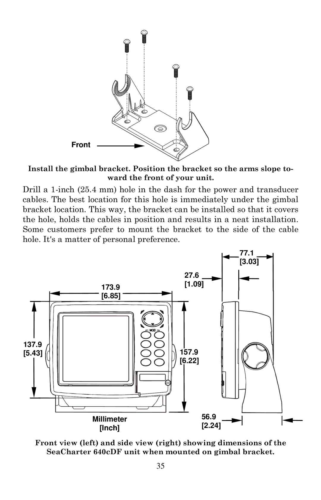 Eagle Electronics 640C, 640cDF manual Front, 173.9 77.1 27.6 137.9 Millimeter 56.9 Inch 