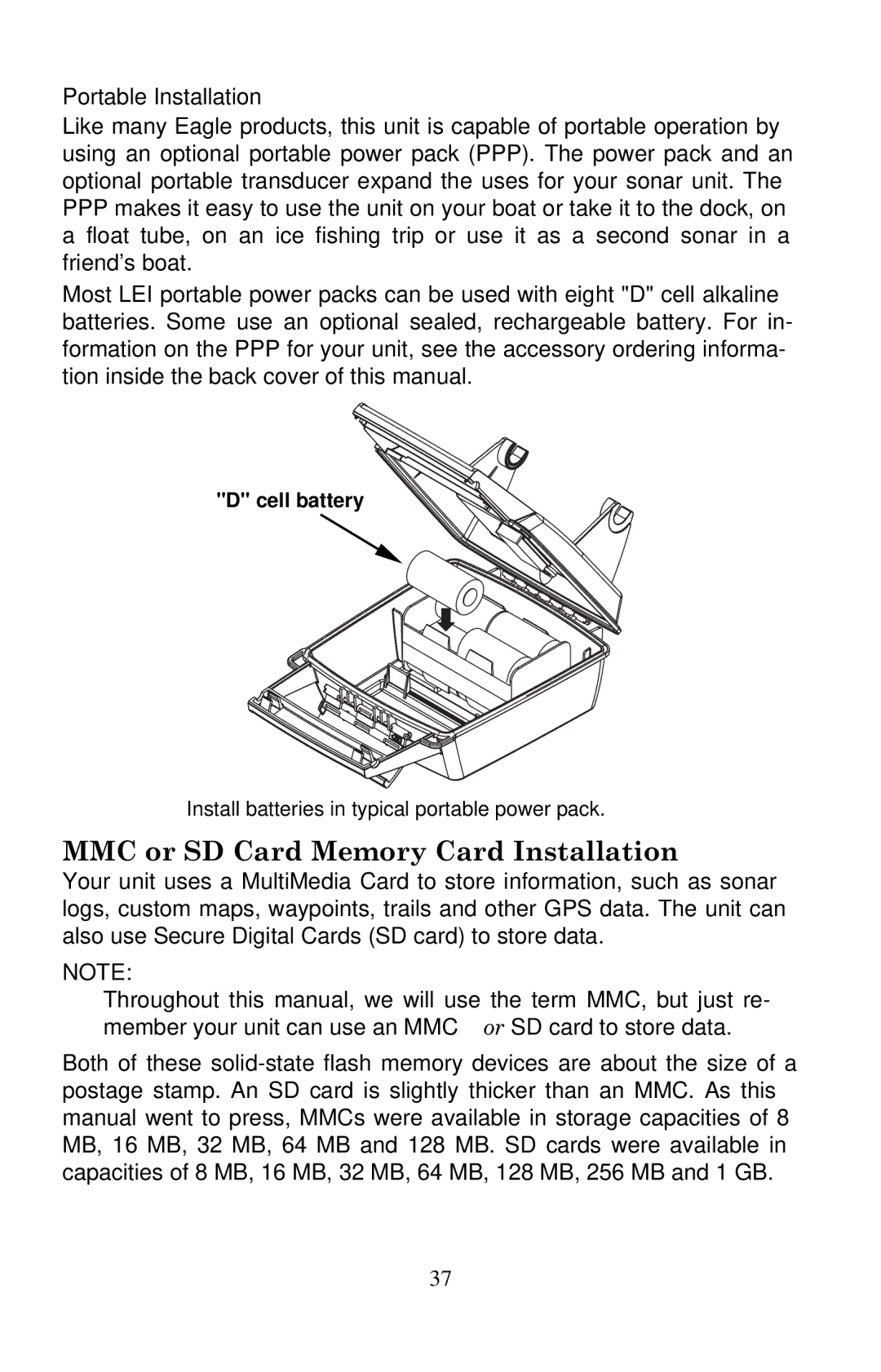 Eagle Electronics 640C, 640cDF manual MMC or SD Card Memory Card Installation, Portable Installation, Cell battery 