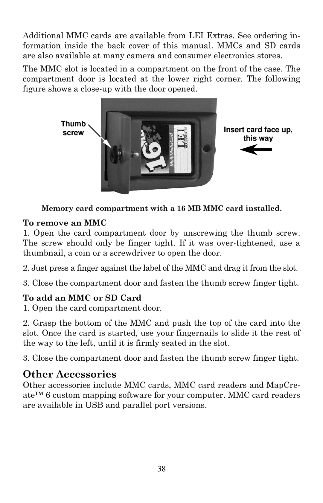 Eagle Electronics 640C, 640cDF manual Other Accessories, To remove an MMC, To add an MMC or SD Card 