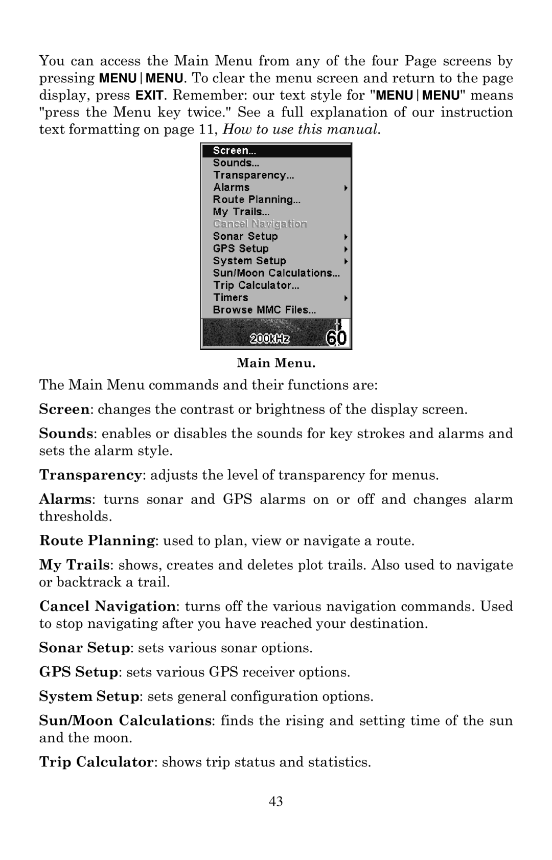 Eagle Electronics 640C, 640cDF manual Main Menu 