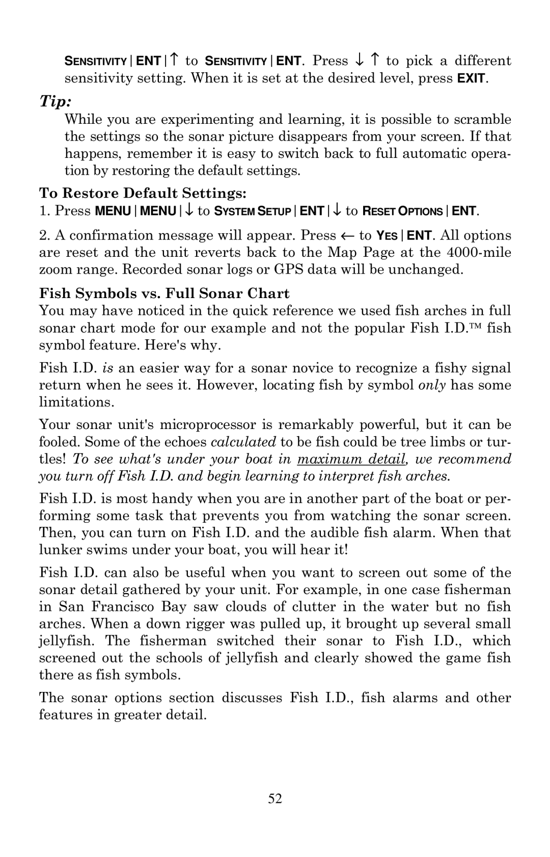 Eagle Electronics 640C, 640cDF manual To Restore Default Settings, Fish Symbols vs. Full Sonar Chart 