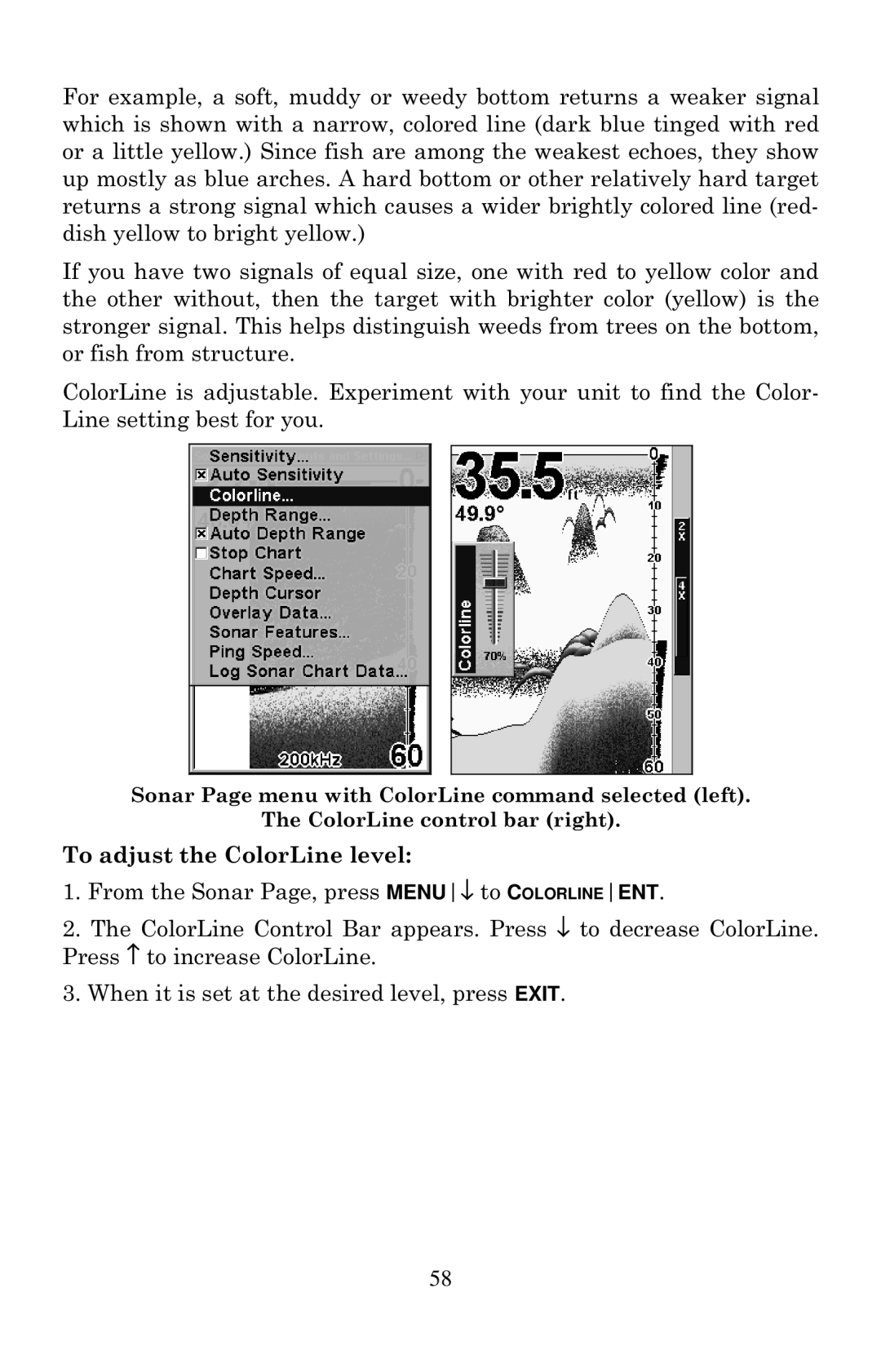 Eagle Electronics 640C, 640cDF manual To adjust the ColorLine level 