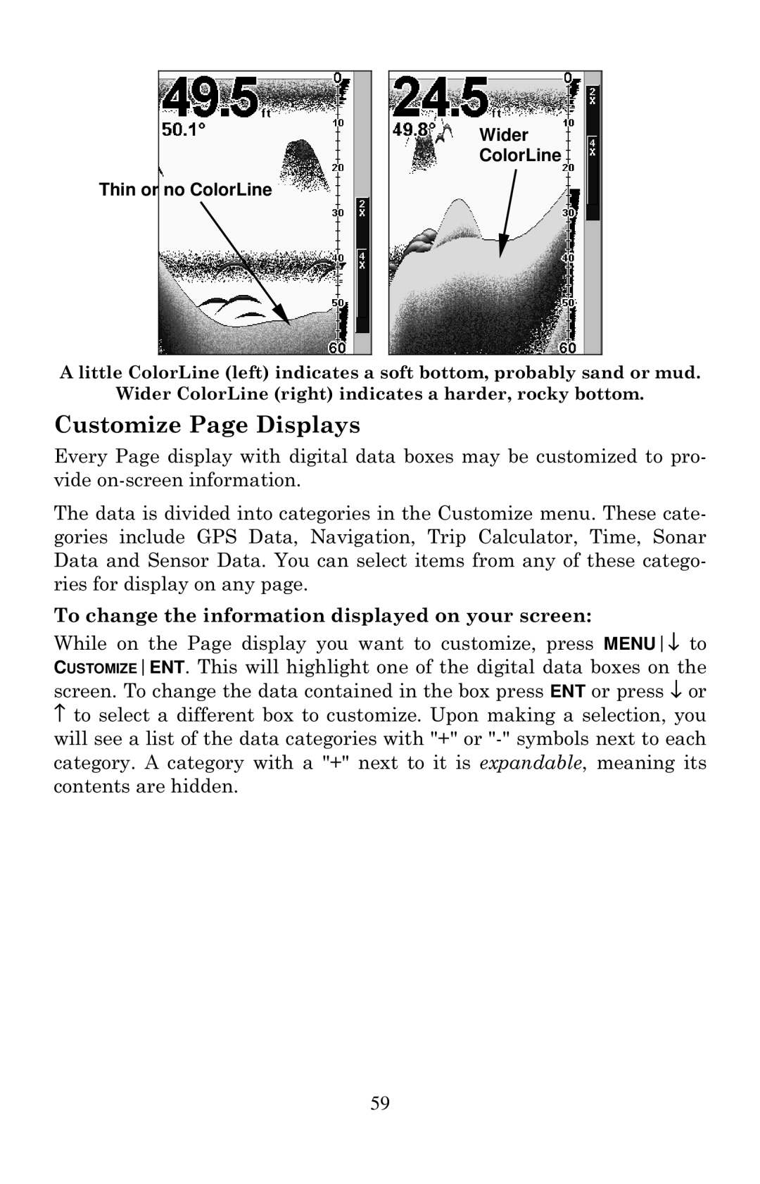 Eagle Electronics 640C, 640cDF manual Customize Page Displays, To change the information displayed on your screen 