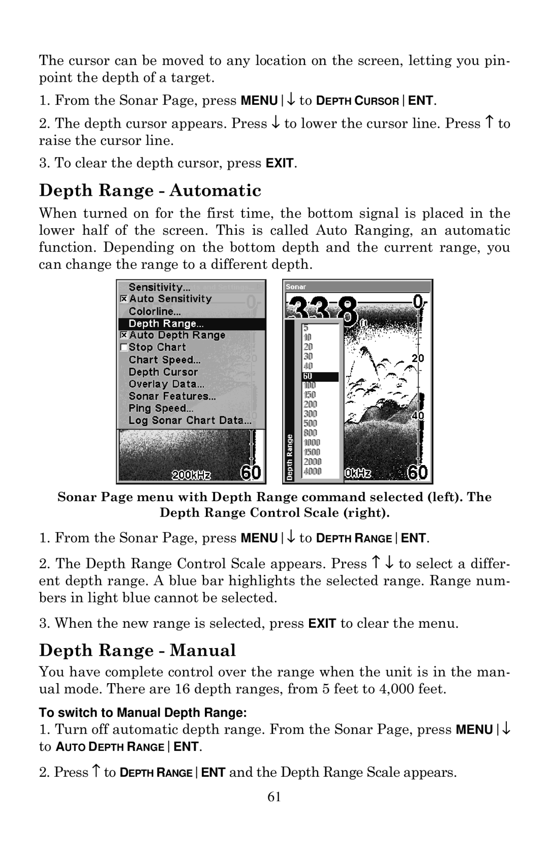 Eagle Electronics 640C, 640cDF manual Depth Range Automatic, Depth Range Manual, To switch to Manual Depth Range 