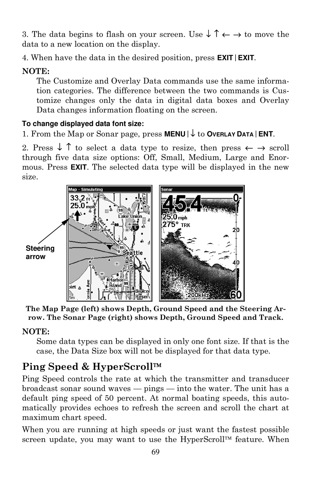 Eagle Electronics 640C, 640cDF manual Ping Speed & HyperScroll, To change displayed data font size, Steering arrow 