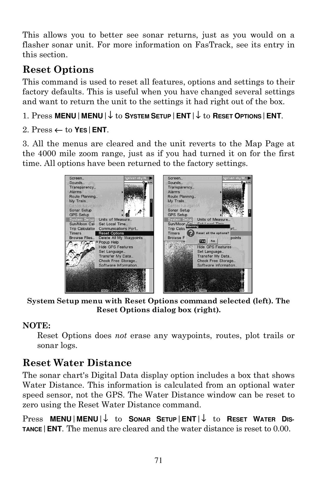 Eagle Electronics 640C, 640cDF manual Reset Options, Reset Water Distance 