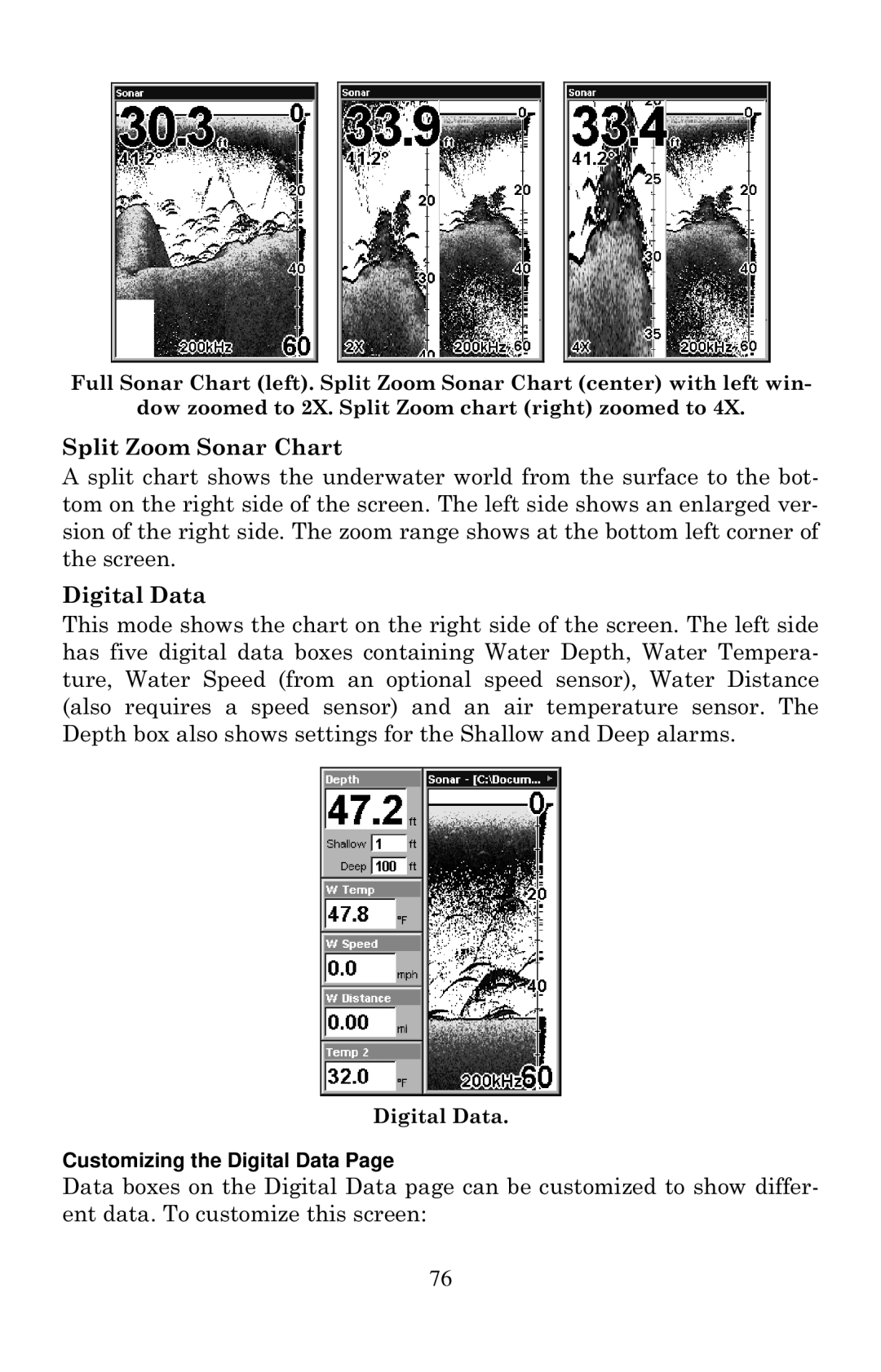 Eagle Electronics 640C, 640cDF manual Split Zoom Sonar Chart, Customizing the Digital Data 