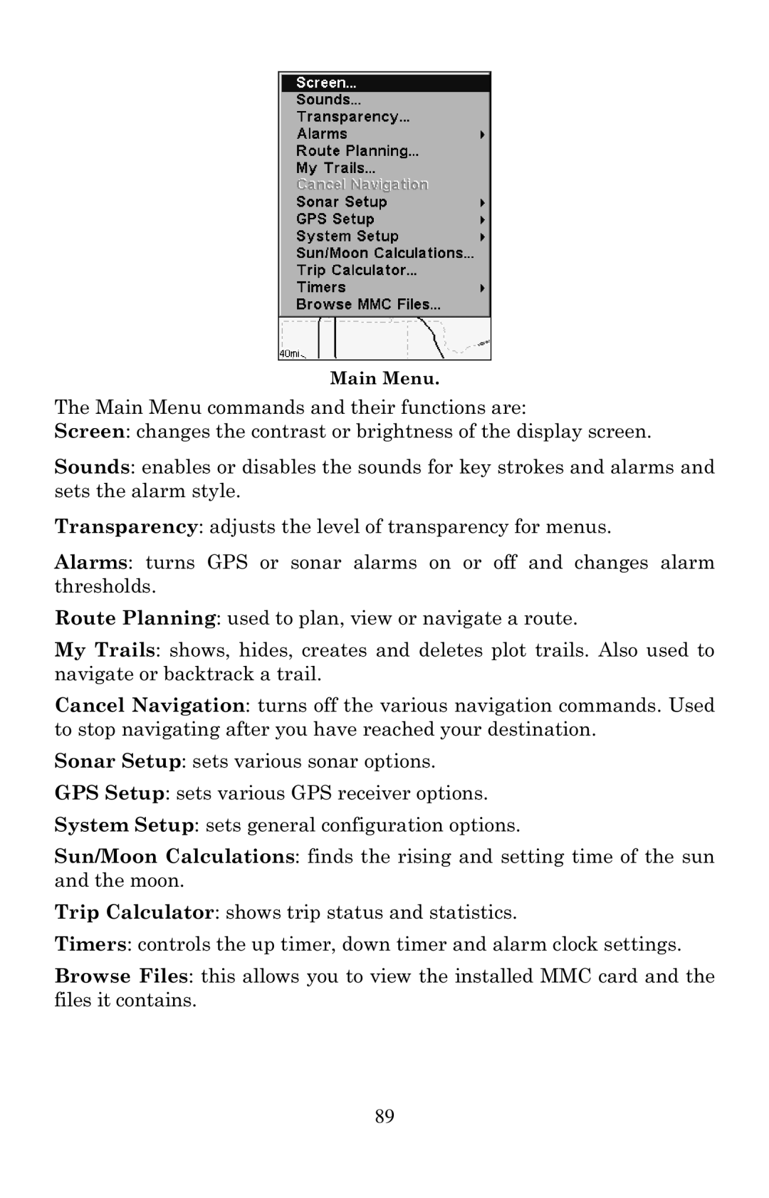 Eagle Electronics 640C, 640cDF manual Main Menu 