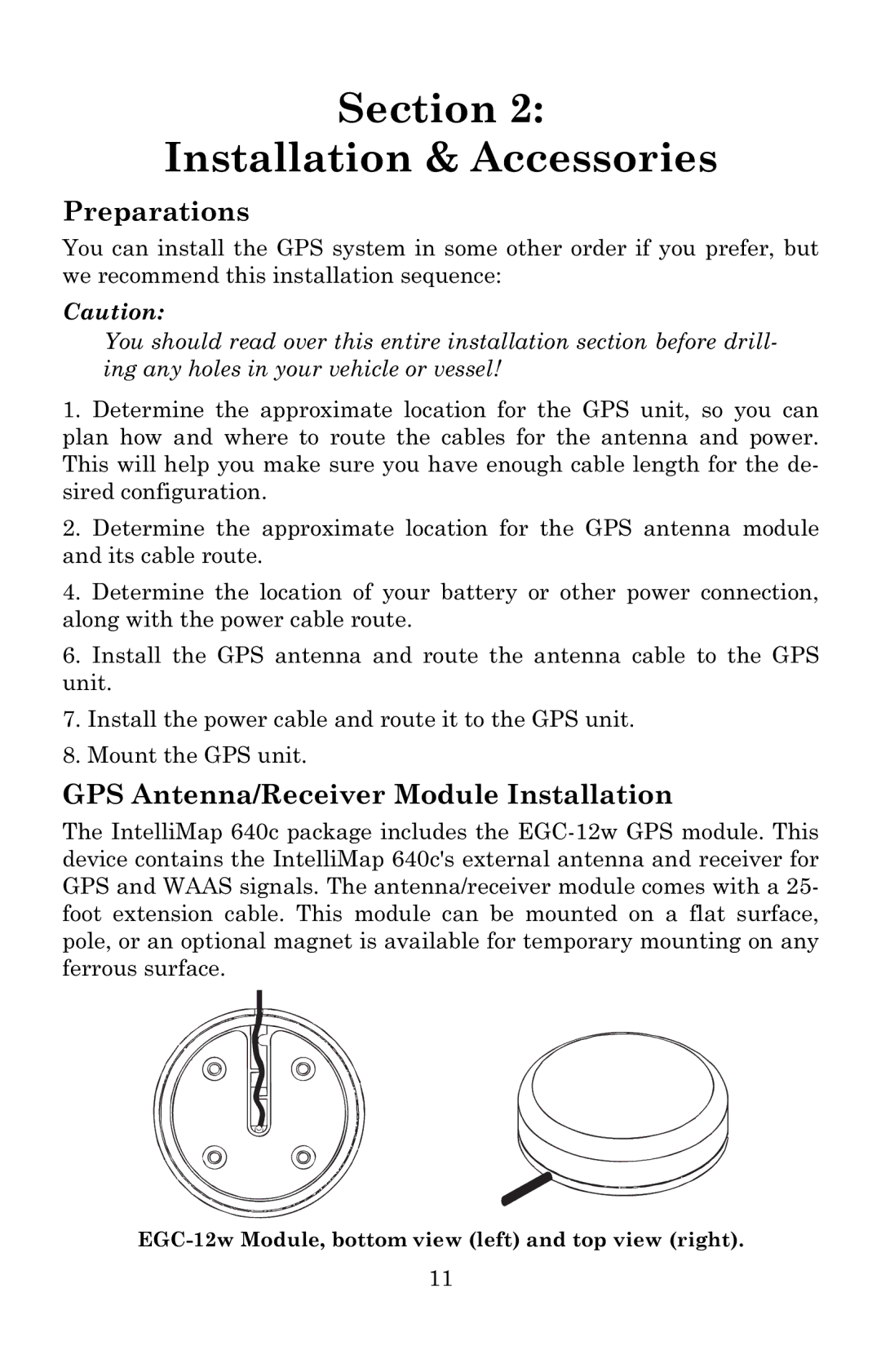 Eagle Electronics Mapping GPS Receiver, 640c manual Preparations, GPS Antenna/Receiver Module Installation 