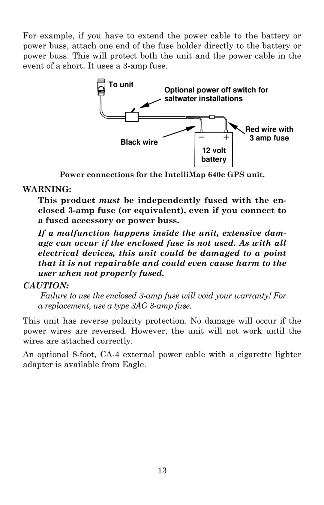 Eagle Electronics Mapping GPS Receiver manual Power connections for the IntelliMap 640c GPS unit 