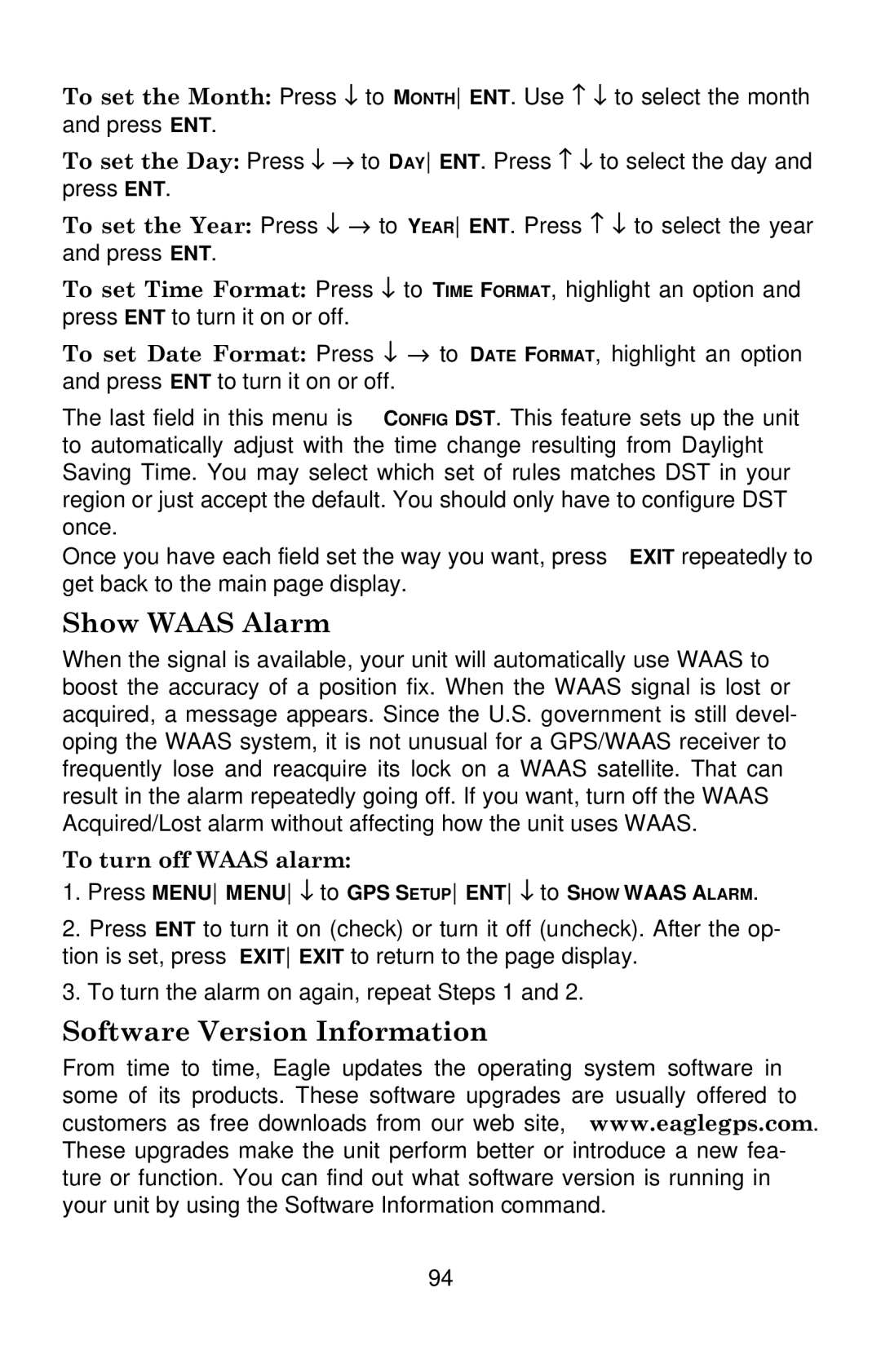 Eagle Electronics 640c manual Show Waas Alarm, Software Version Information 