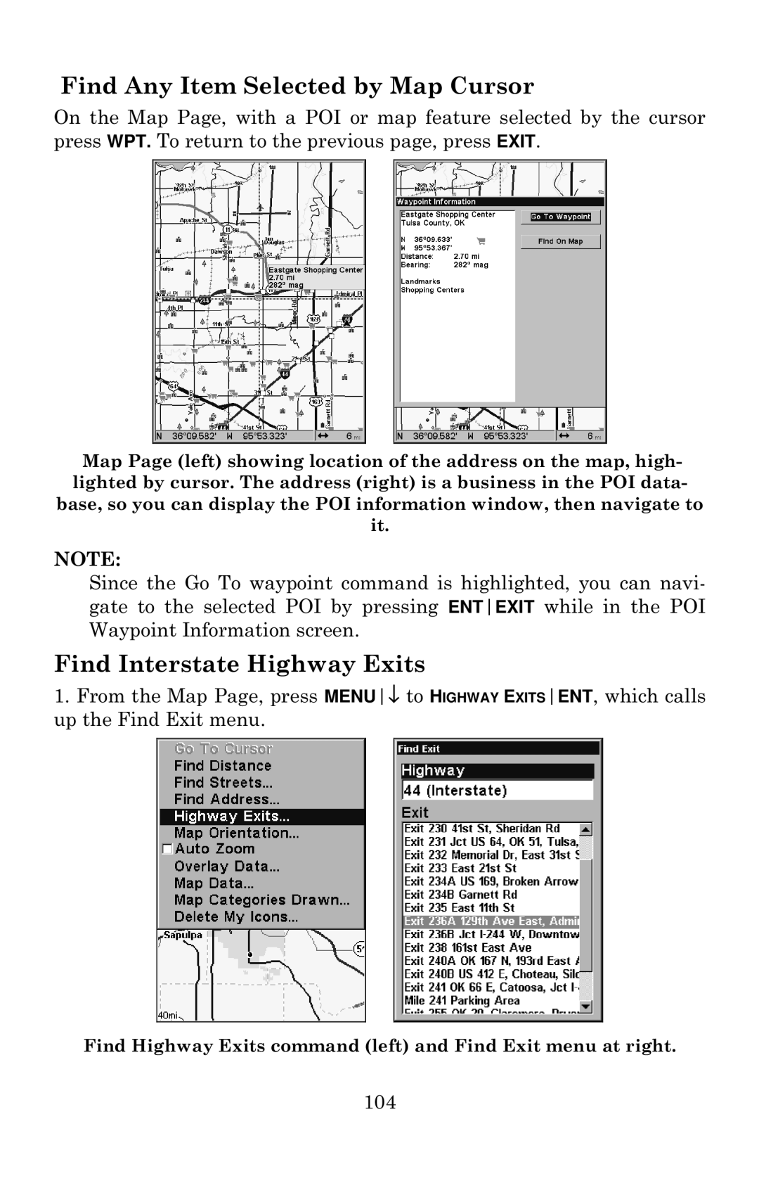 Eagle Electronics 640c manual Find Any Item Selected by Map Cursor, Find Interstate Highway Exits 