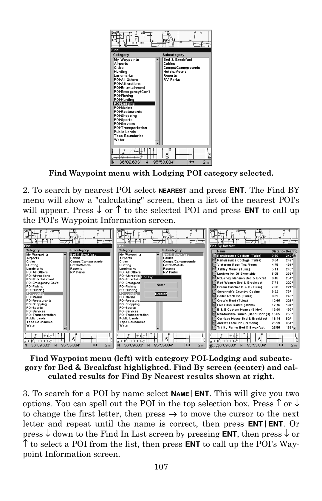 Eagle Electronics 640c manual Find Waypoint menu with Lodging POI category selected 