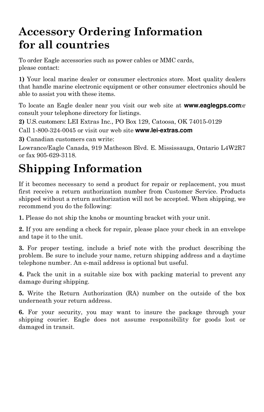 Eagle Electronics 640c manual Accessory Ordering Information for all countries 