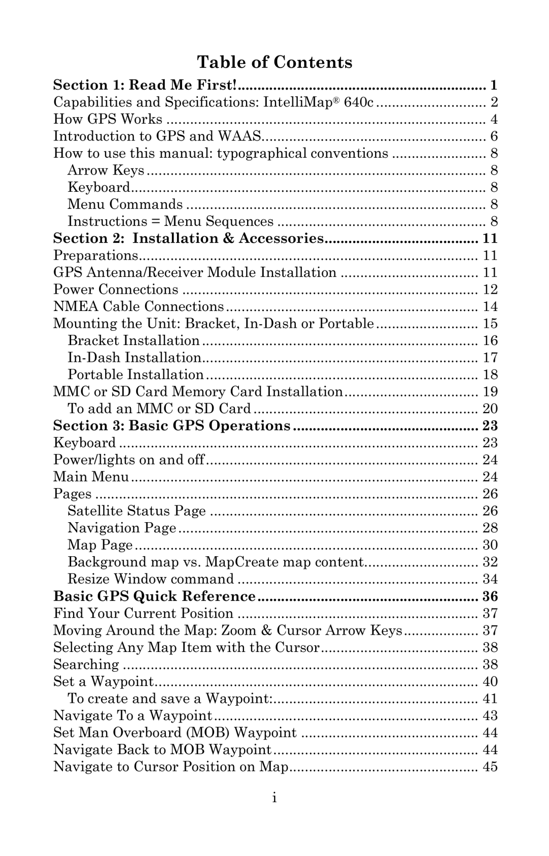 Eagle Electronics 640c manual Table of Contents 