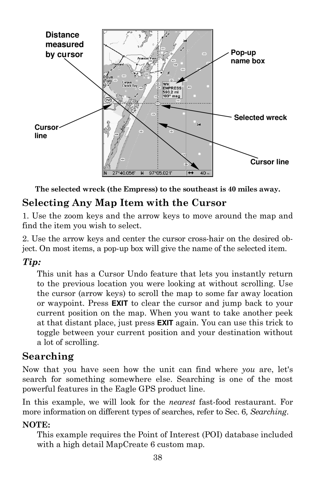 Eagle Electronics 640c manual Selecting Any Map Item with the Cursor, Searching 