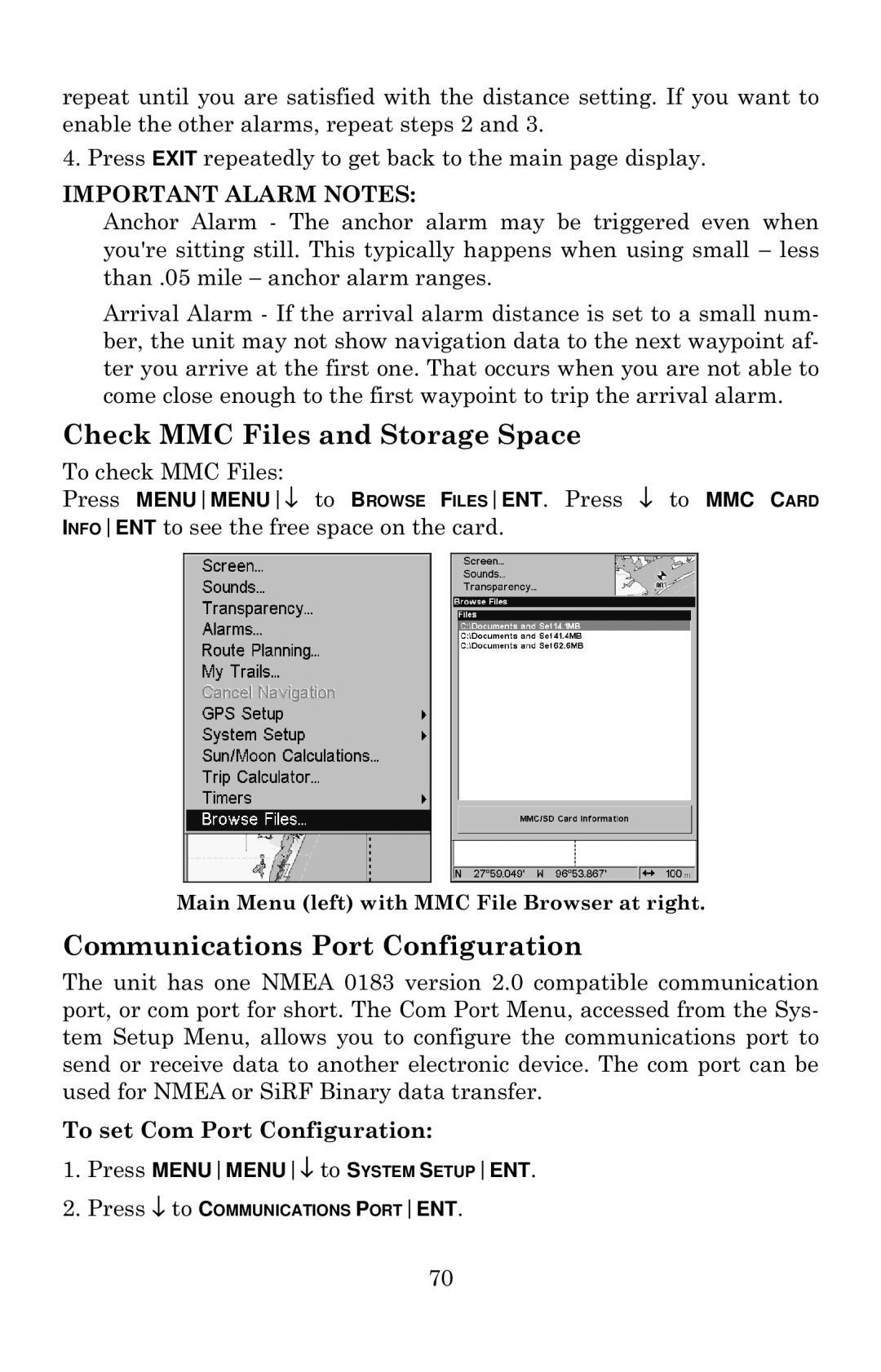 Eagle Electronics 640c manual Check MMC Files and Storage Space, Communications Port Configuration 