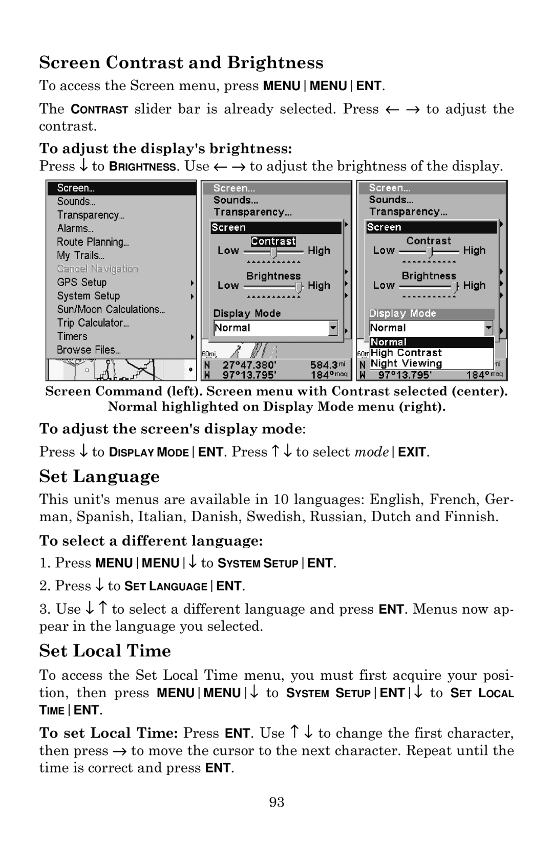 Eagle Electronics 640c manual Screen Contrast and Brightness, Set Language, Set Local Time 