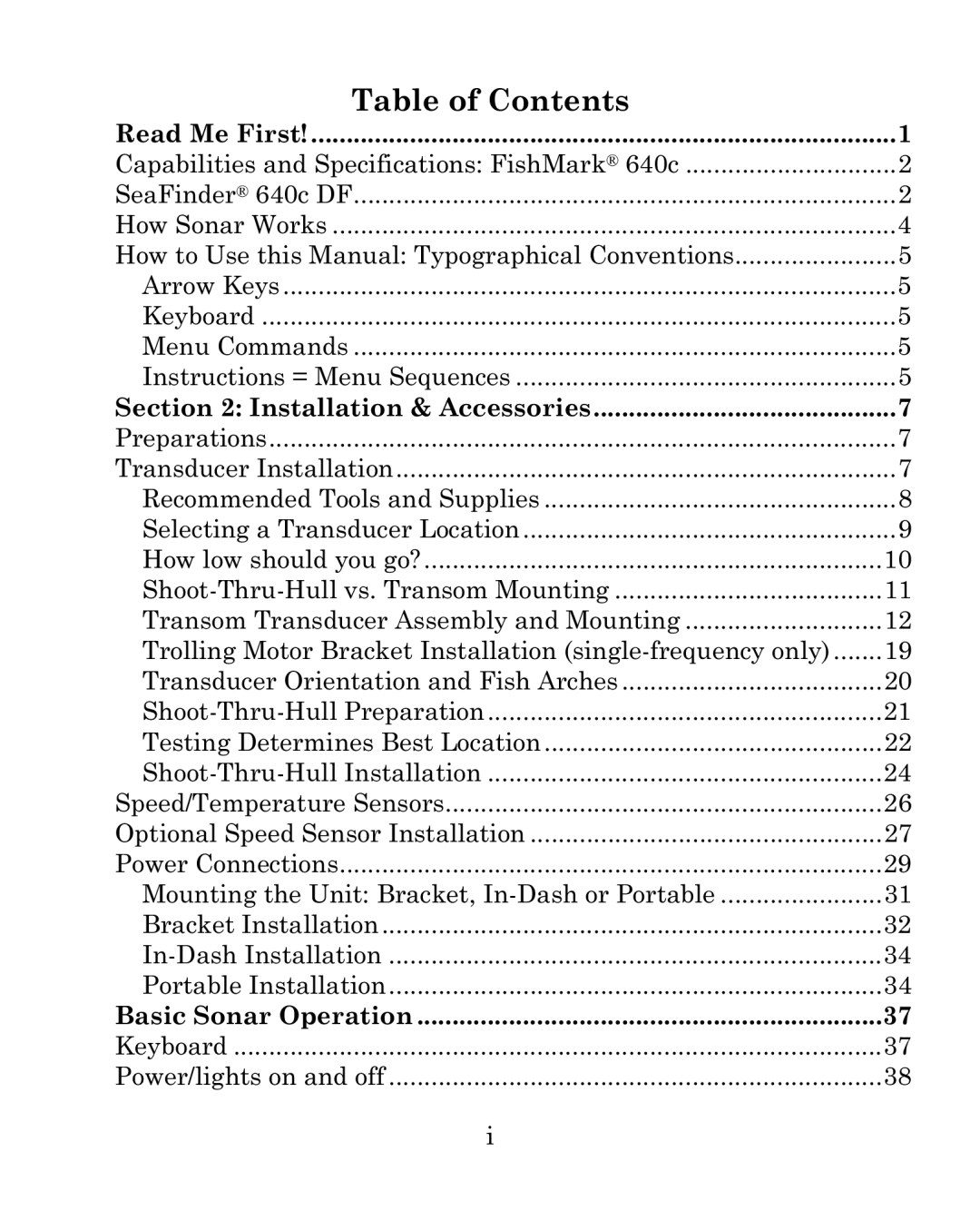 Eagle Electronics 640c manual Table of Contents 