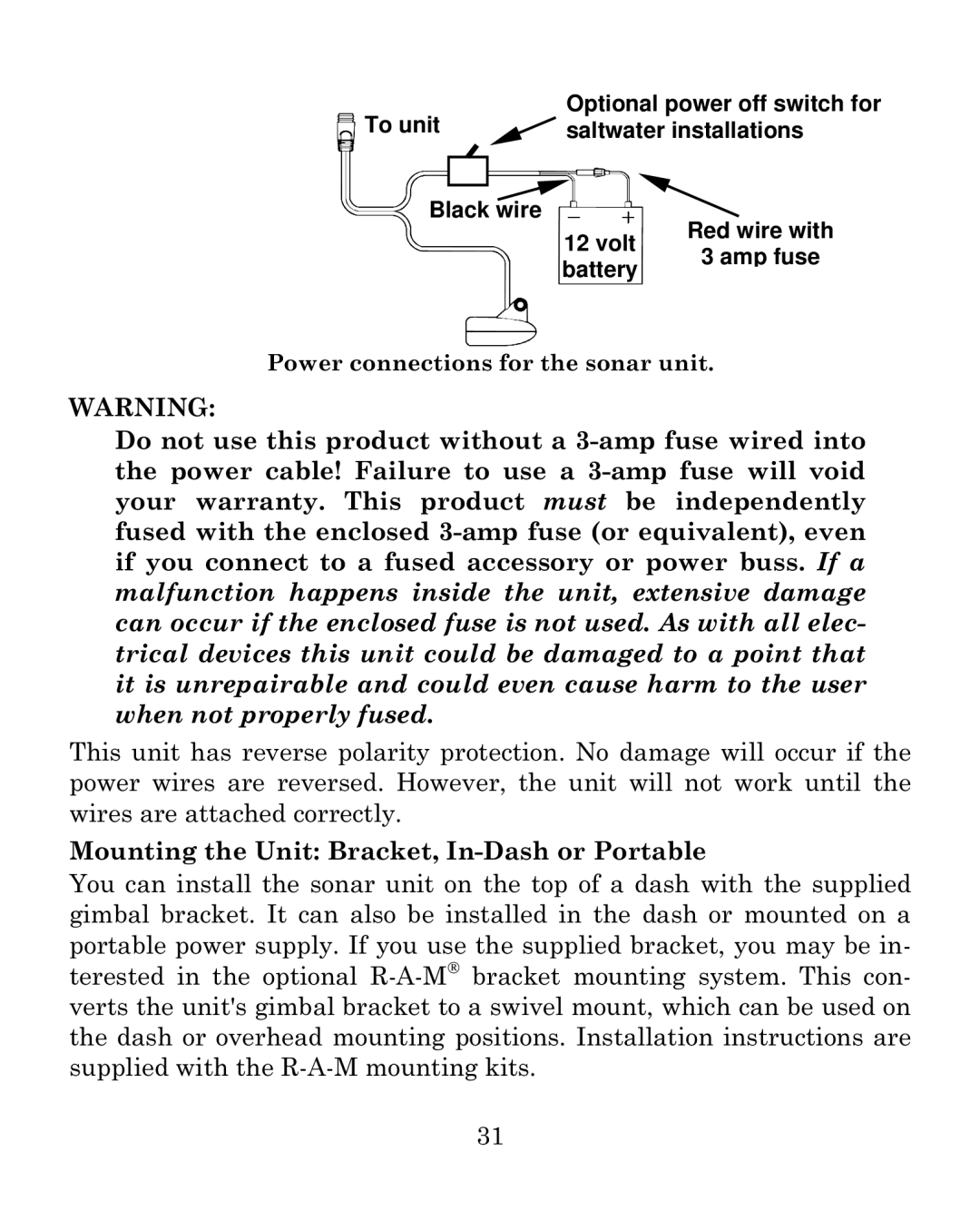 Eagle Electronics 640c manual Power connections for the sonar unit 