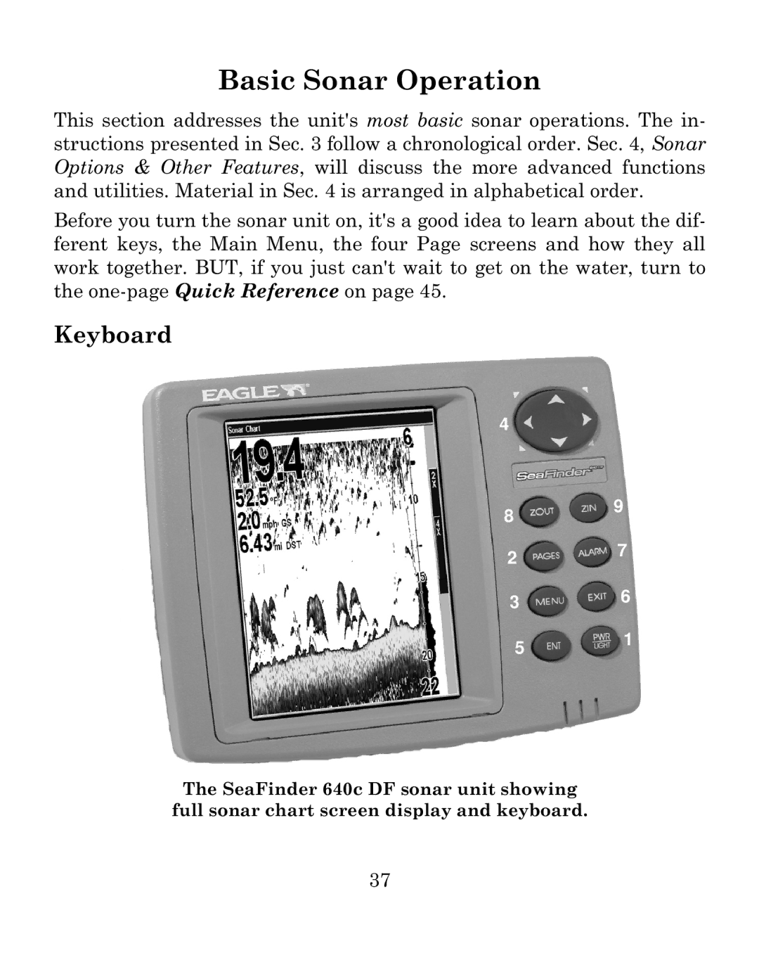 Eagle Electronics 640c manual Basic Sonar Operation, Keyboard 