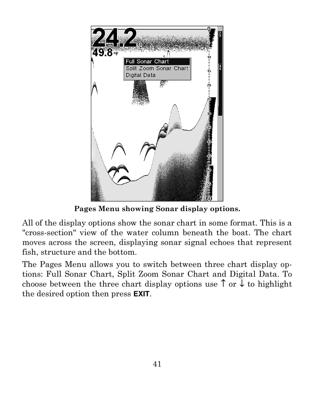 Eagle Electronics 640c manual Pages Menu showing Sonar display options 