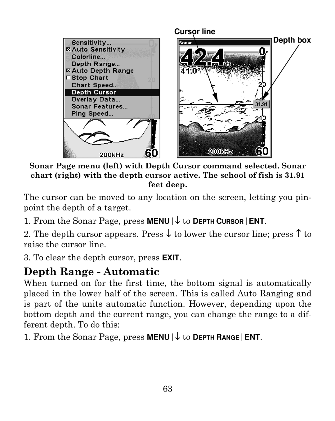 Eagle Electronics 640c manual Depth Range Automatic, Cursor line Depth box 