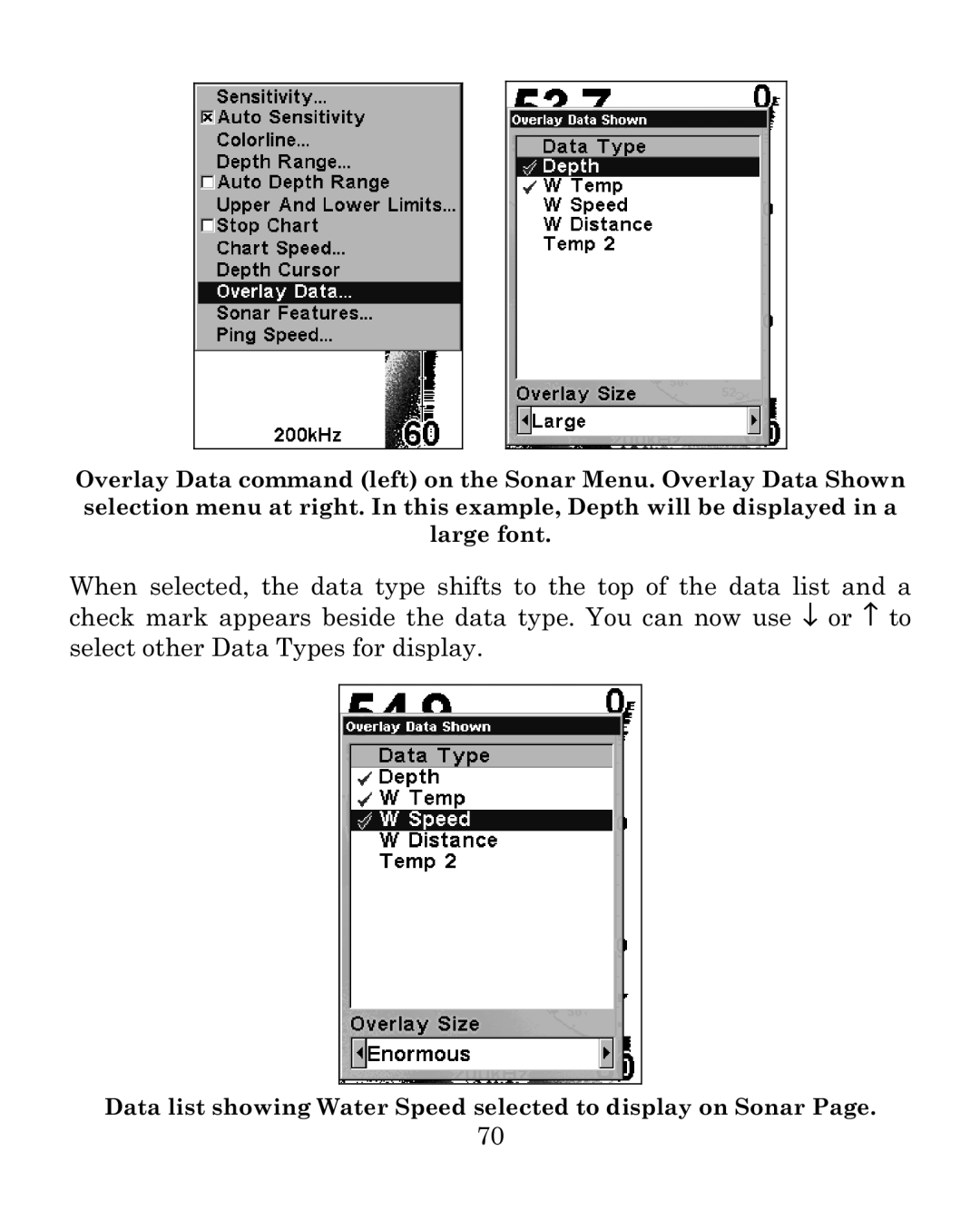 Eagle Electronics 640c manual Data list showing Water Speed selected to display on Sonar 