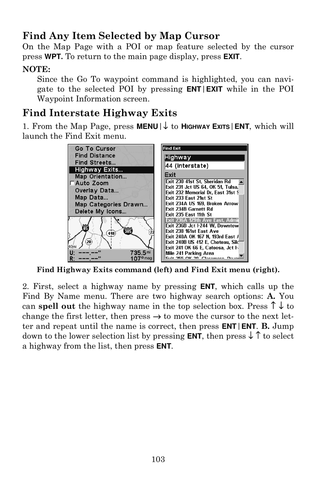 Eagle Electronics 642c iGPS manual Find Any Item Selected by Map Cursor, Find Interstate Highway Exits 