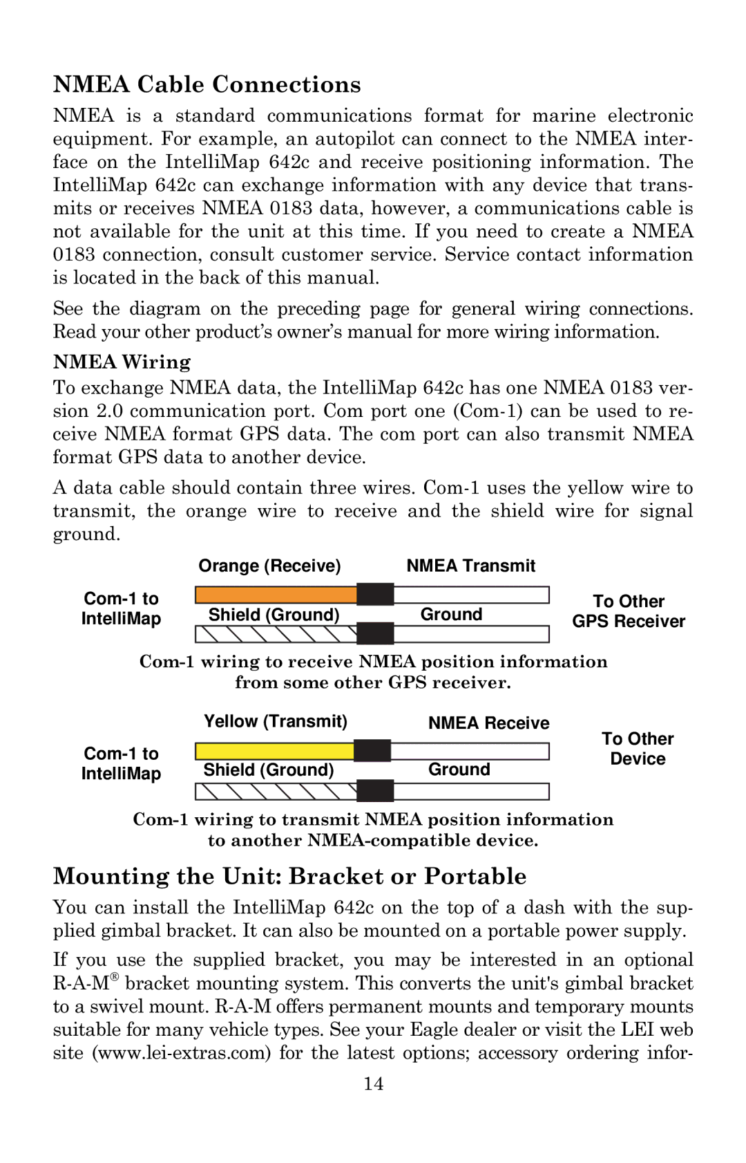 Eagle Electronics 642c iGPS manual Nmea Cable Connections, Mounting the Unit Bracket or Portable 