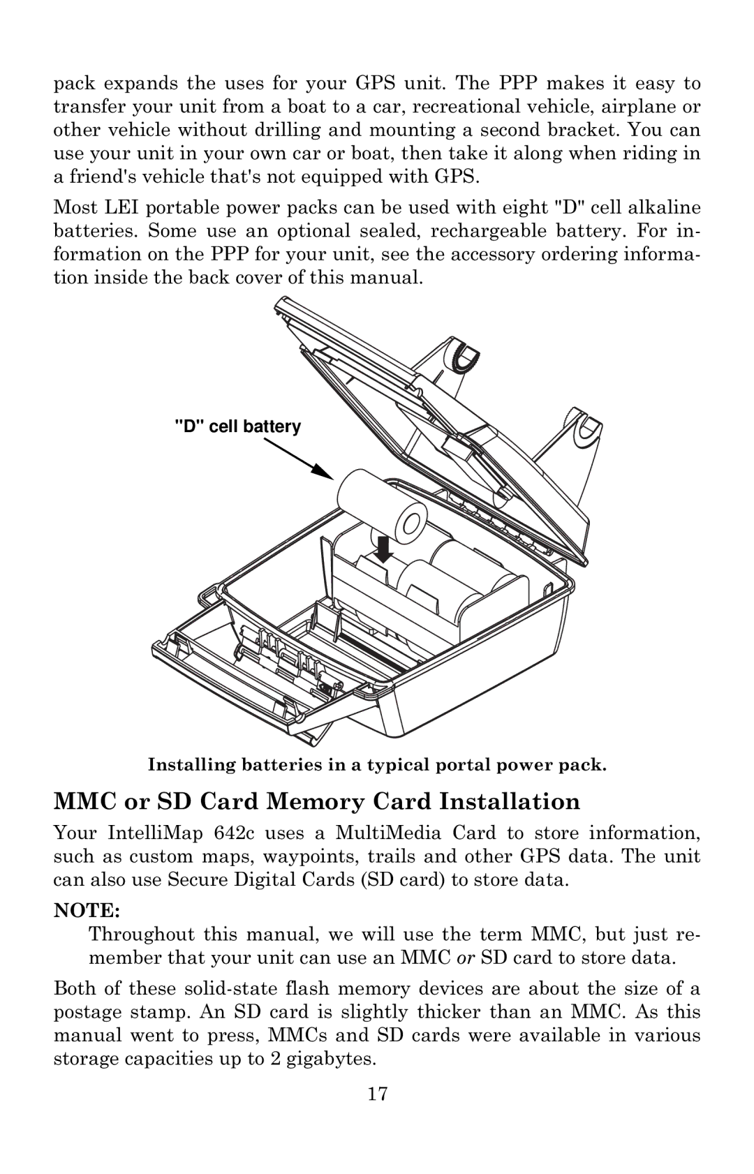 Eagle Electronics 642c iGPS manual MMC or SD Card Memory Card Installation 