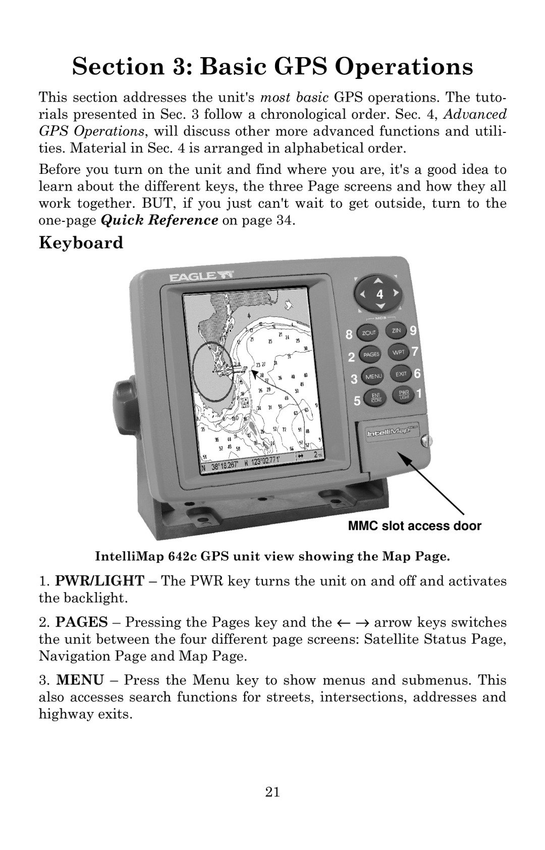 Eagle Electronics 642c iGPS manual Basic GPS Operations, Keyboard 