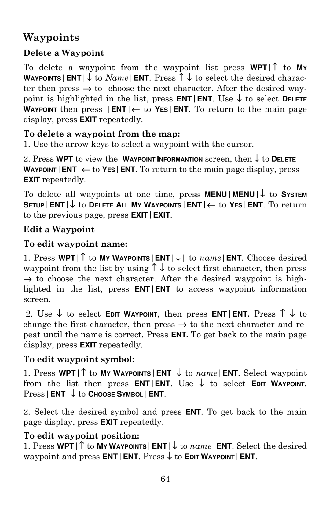 Eagle Electronics 642c iGPS manual Waypoints, To the previous page, press Exitexit 