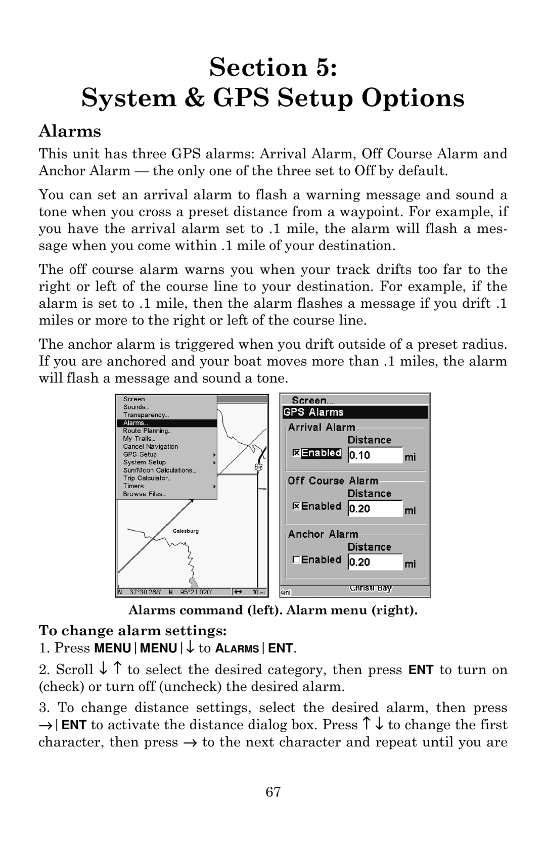 Eagle Electronics 642c iGPS manual Section System & GPS Setup Options, Alarms 