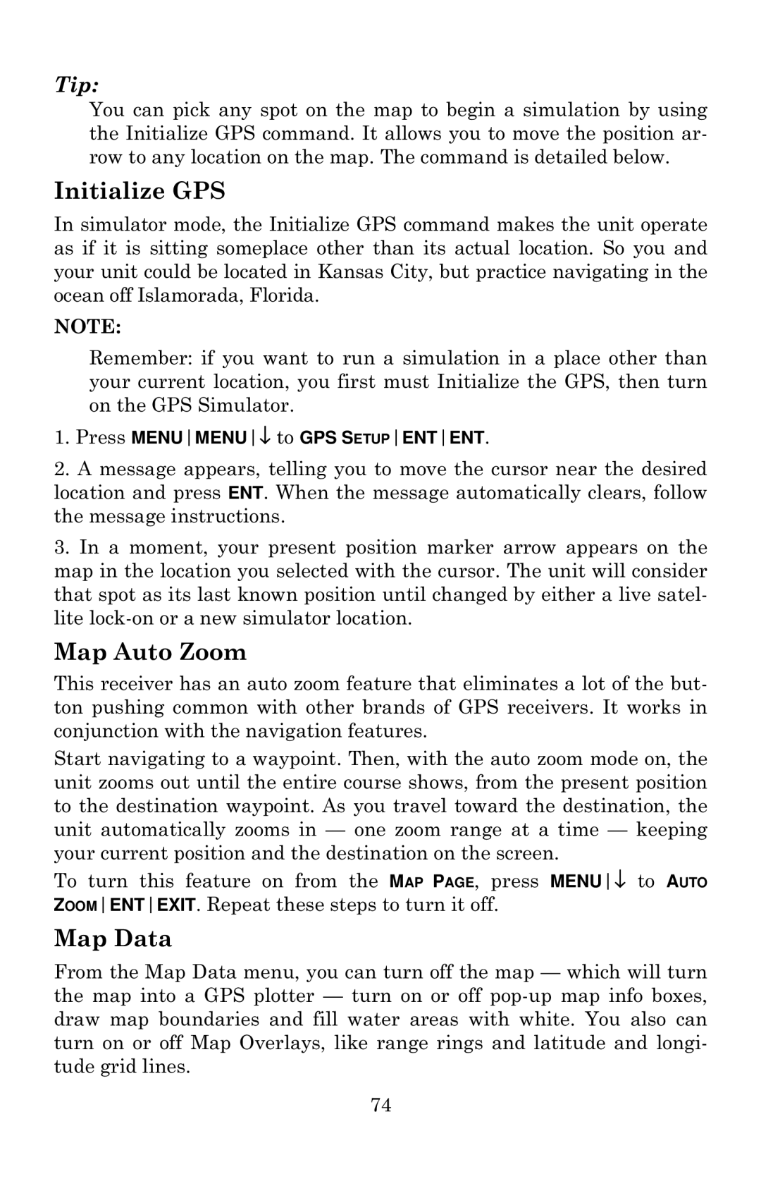 Eagle Electronics 642c iGPS manual Initialize GPS, Map Auto Zoom, Map Data 