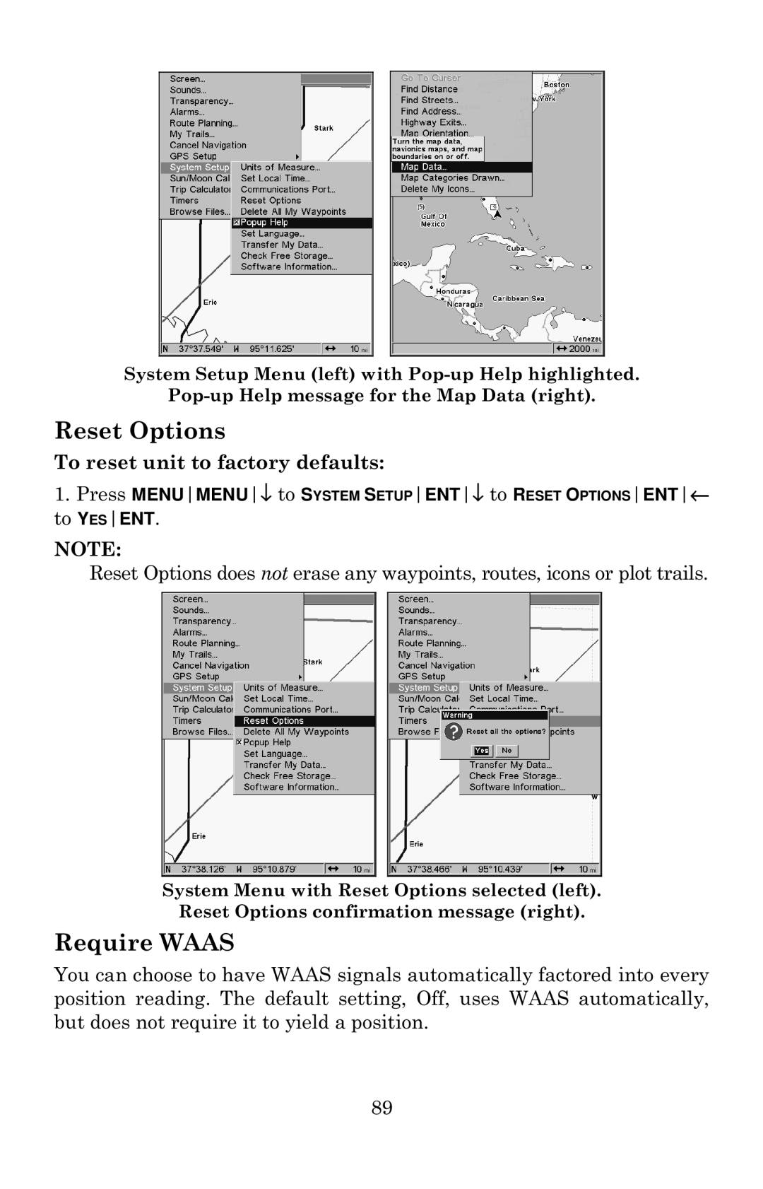 Eagle Electronics 642c iGPS manual Reset Options, Require Waas 