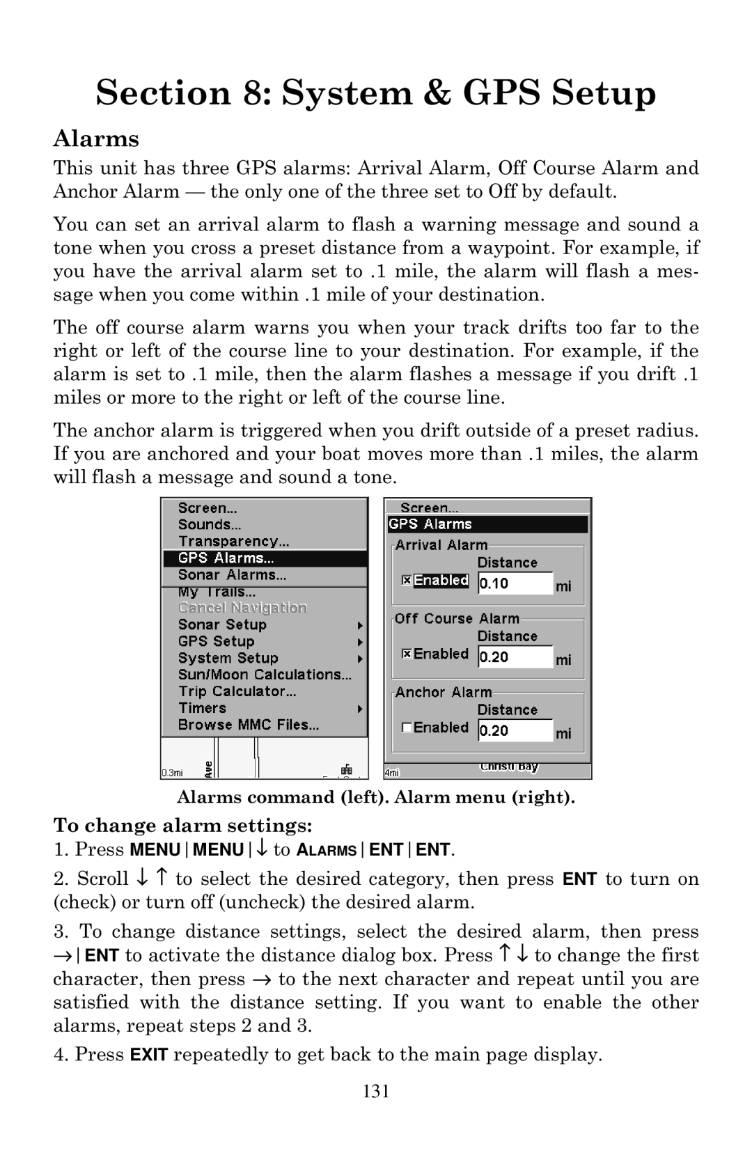 Eagle Electronics 642cDF manual System & GPS Setup, To change alarm settings 