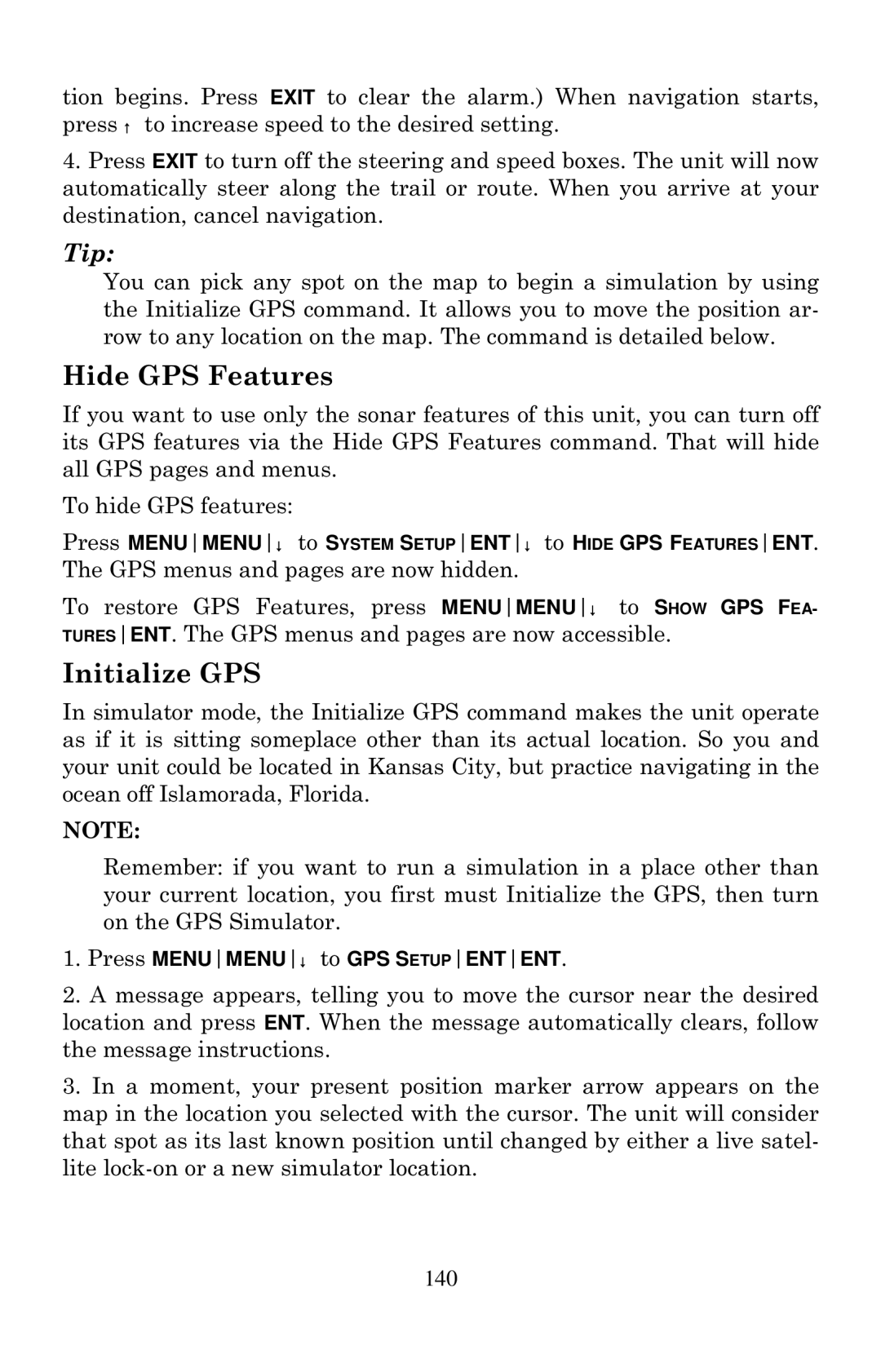 Eagle Electronics 642cDF manual Hide GPS Features, Initialize GPS, Press MENUMENU↓ to GPS Setupentent 