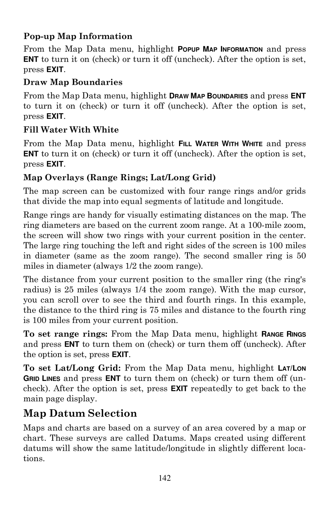 Eagle Electronics 642cDF manual Map Datum Selection, Pop-up Map Information, Draw Map Boundaries, Fill Water With White 