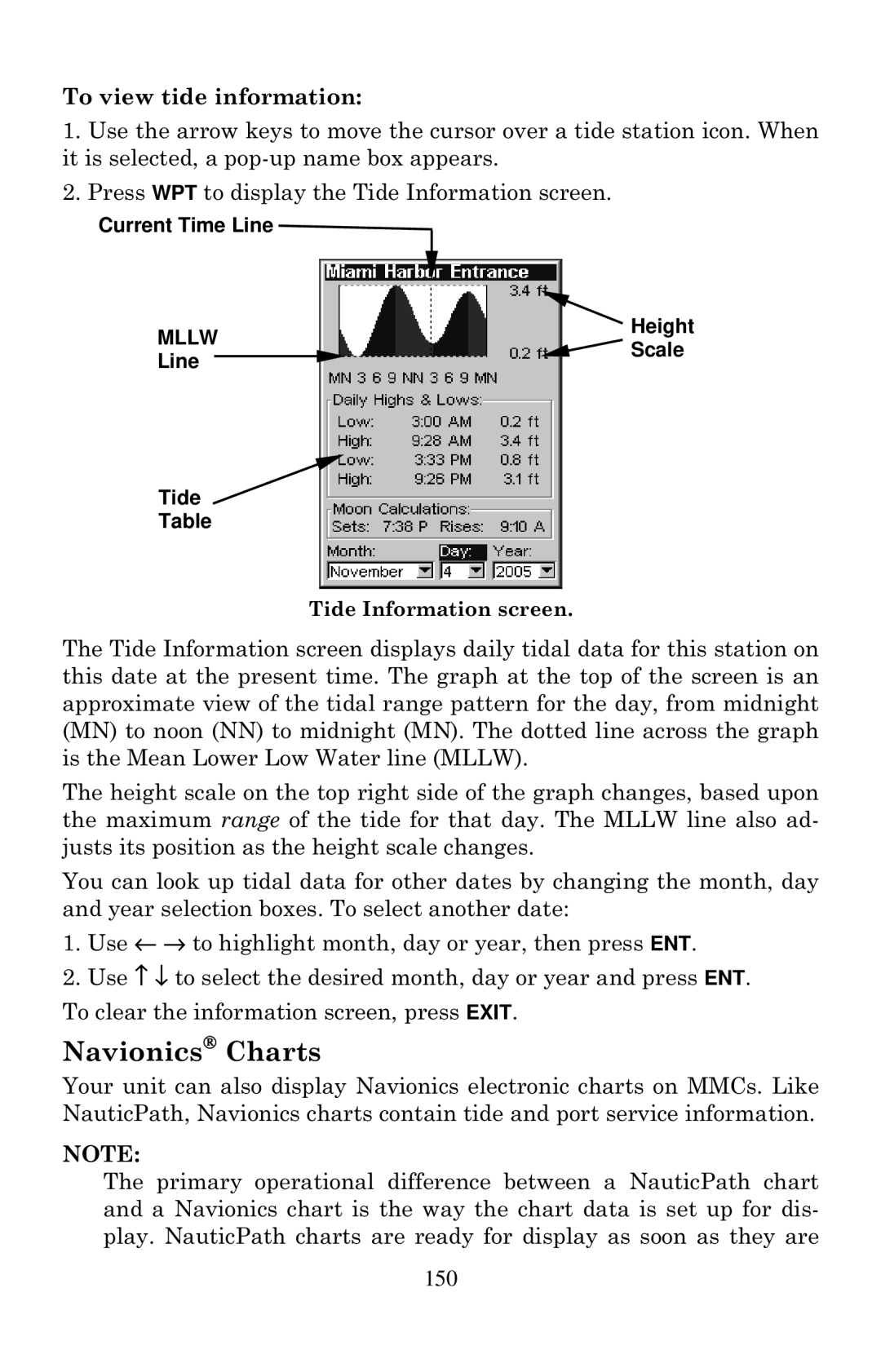 Eagle Electronics 642cDF Navionics Charts, To view tide information, Current Time Line, Line Tide Table Height Scale 