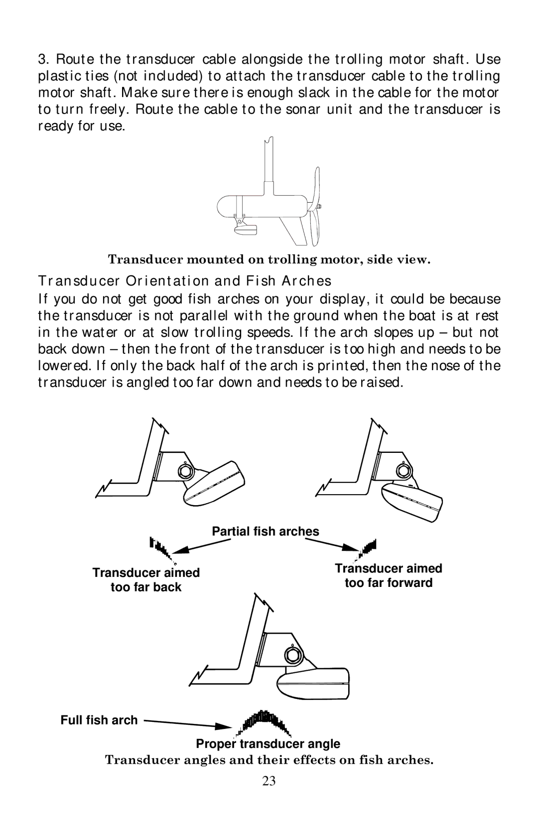 Eagle Electronics 642cDF Transducer Orientation and Fish Arches, Partial fish arches, Transducer aimed, Too far back 