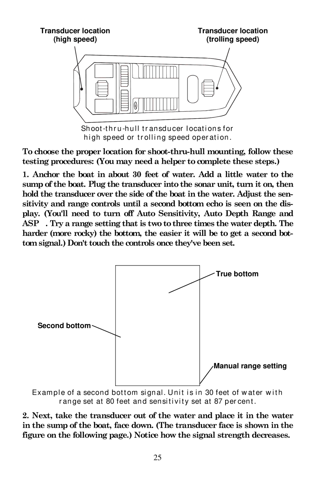 Eagle Electronics 642c manual Transducer location High speed Trolling speed, Second bottom True bottom Manual range setting 