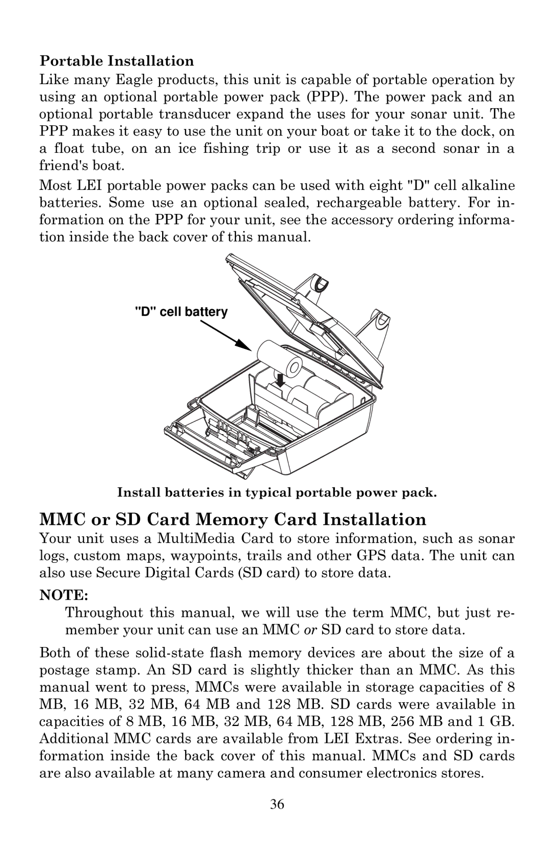 Eagle Electronics 642cDF manual MMC or SD Card Memory Card Installation, Portable Installation, Cell battery 