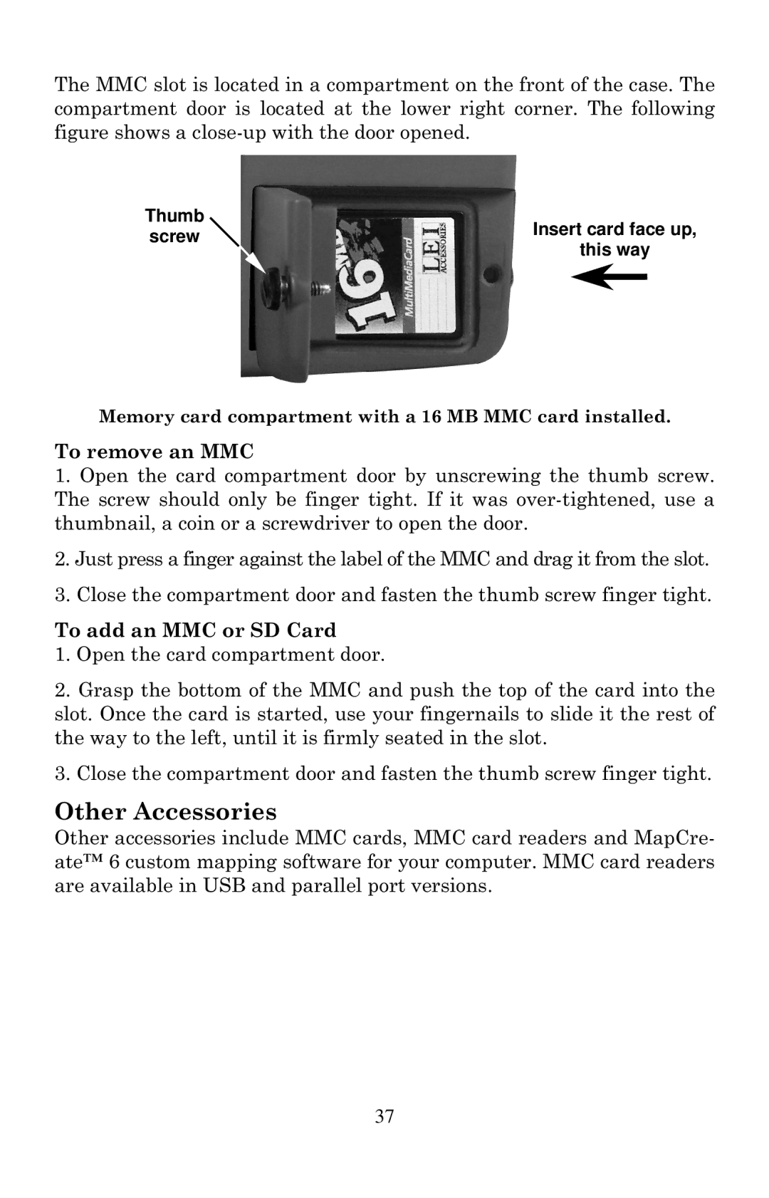 Eagle Electronics 642cDF manual Other Accessories, To remove an MMC, To add an MMC or SD Card 