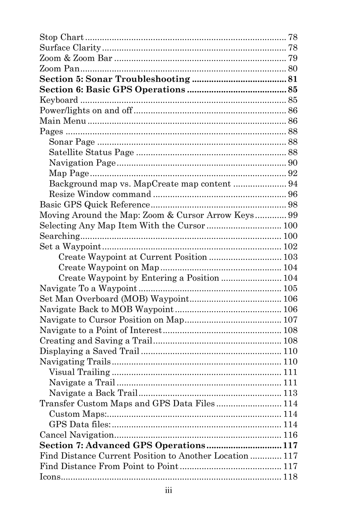 Eagle Electronics 642cDF manual Sonar Troubleshooting Basic GPS Operations, Advanced GPS Operations 117 