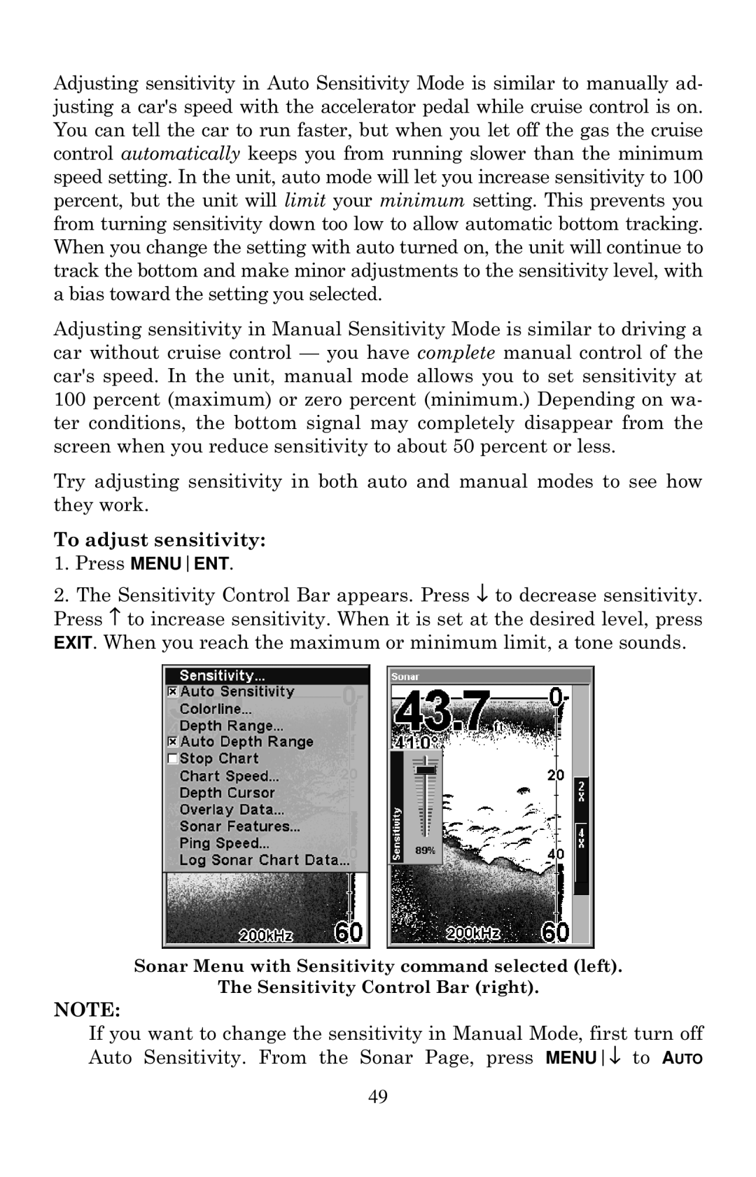 Eagle Electronics 642cDF manual To adjust sensitivity 