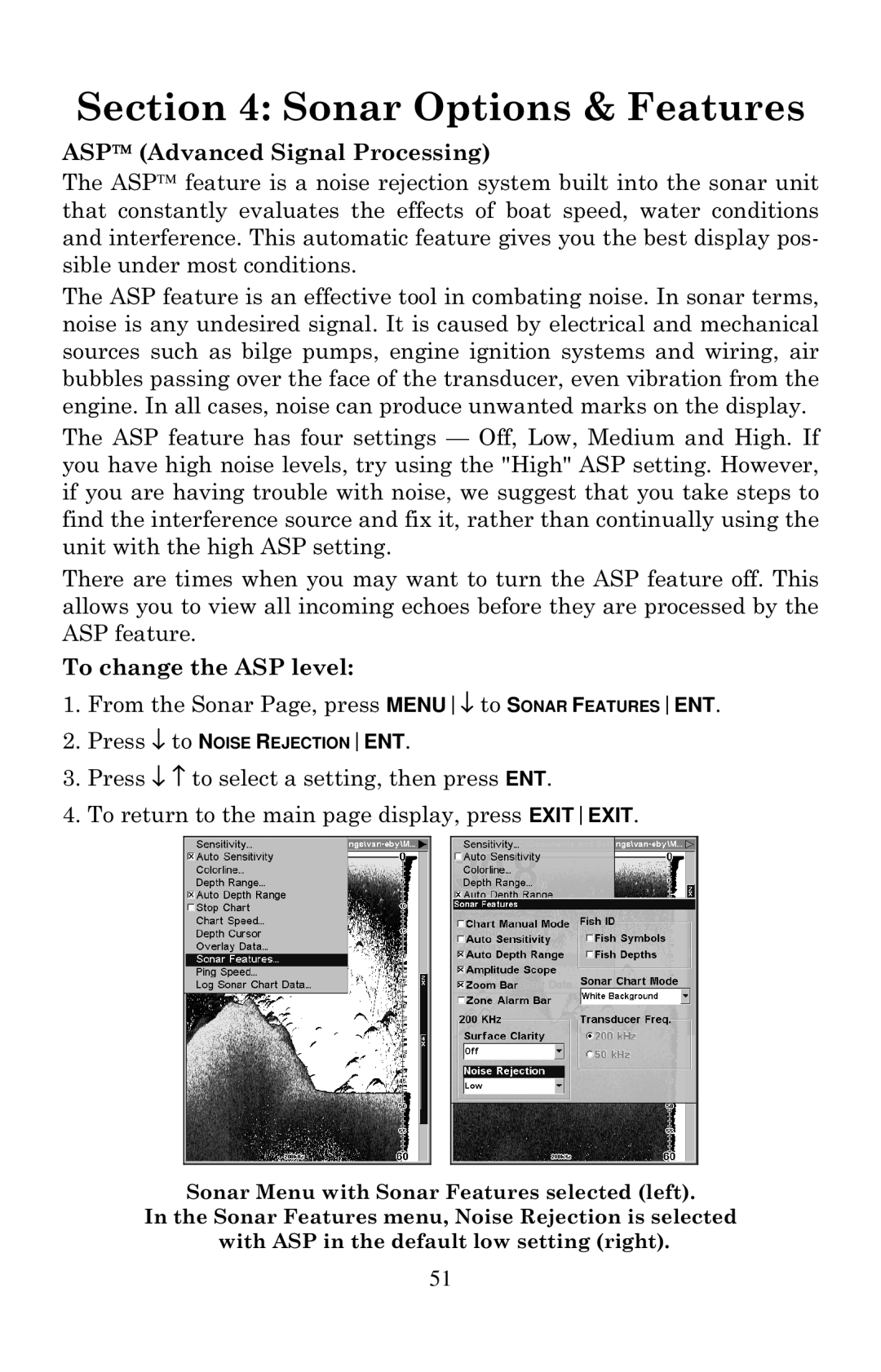 Eagle Electronics 642cDF manual ASP Advanced Signal Processing, To change the ASP level 