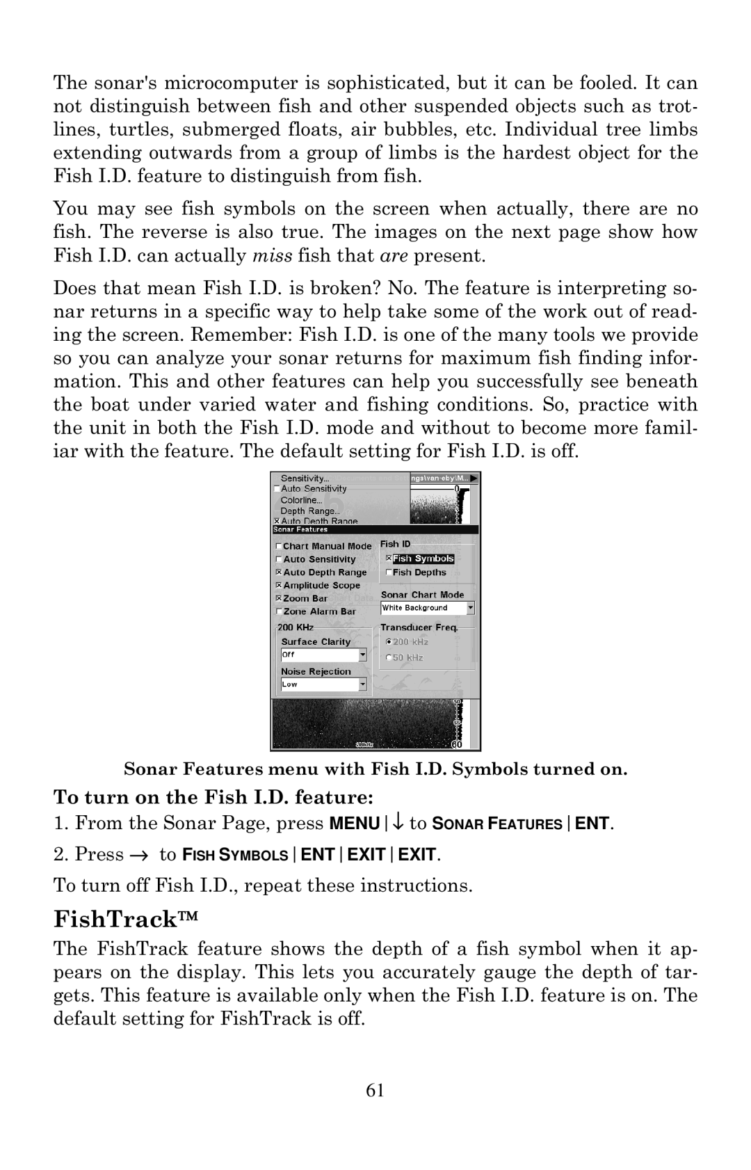 Eagle Electronics 642cDF manual FishTrack, To turn on the Fish I.D. feature 